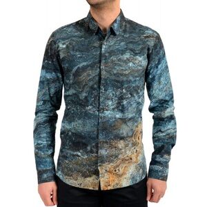 Hugo Boss Men’s Ero3–w Extra Slim fit long sleeve shirt in Blue Marble L